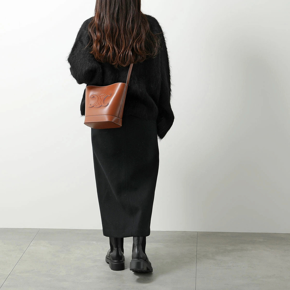 Celine Bucket Leather Shoulder Cuile Crossbody Bag Triomphe Black